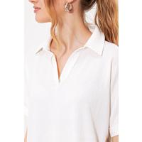 Beyaz Oversize Polo Yaka Örme Bluz 0486