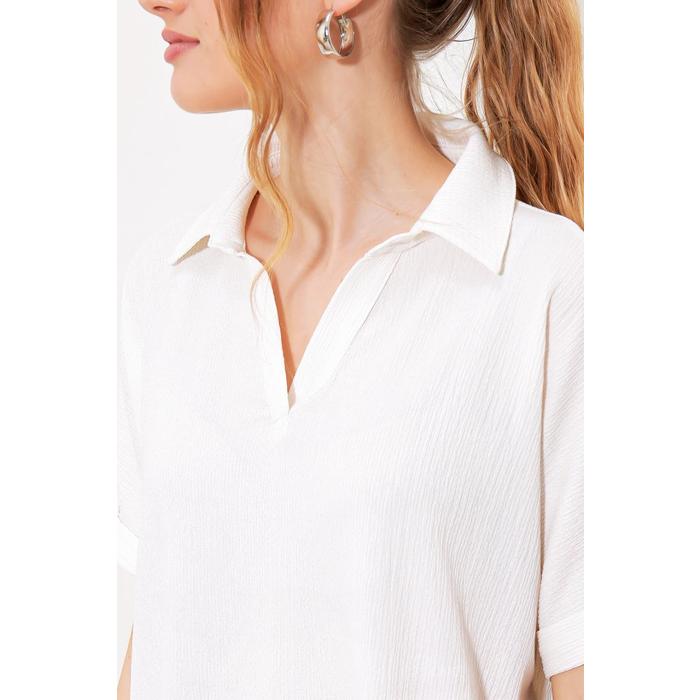 Beyaz Oversize Polo Yaka Örme Bluz 0486