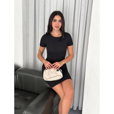 Bisiklet Yaka Kısa Kol Likralı Elbise - Siyah