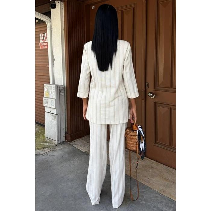 Blazer Ceketli Çizgili Keten Takım 10186