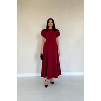Bordo Arkası Fiyonk Garnili Britli Elbise