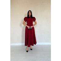 Bordo Arkası Fiyonk Garnili Britli Elbise