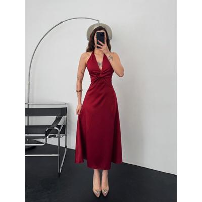 Bordo Uzun Saten Elbise