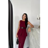 CEKET-ETEK GÖRÜNÜMLÜ ELBİSEÇİFT KEMER DETAYLI - Bordo