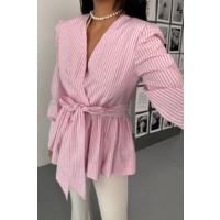 ÇİZGİLİ BAĞLAMA DETAYLI KRUVAZE POPLİN GÖMLEK - Pembe