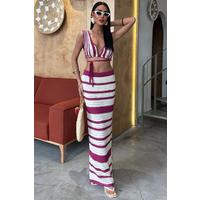 Çizgili Bikini Üst Ve Etek Triko Takım 10110
