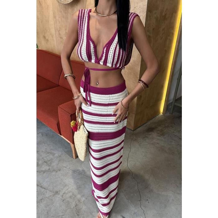 Çizgili Bikini Üst Ve Etek Triko Takım 10110