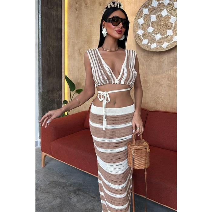 Çizgili Bikini Üst Ve Etek Triko Takım 10110