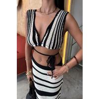 Çizgili Bikini Üst Ve Etek Triko Takım 10110