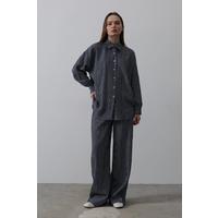 Çizgili Cep Detaylı Oversize Takım - Lacivert