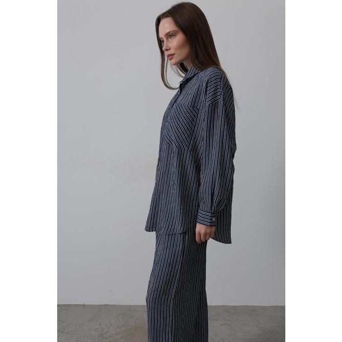 Çizgili Cep Detaylı Oversize Takım - Lacivert