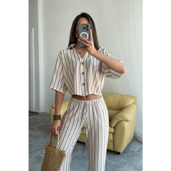 ÇİZGİLİ CROP GÖMLEK - SALAŞ PANTOLON TAKIM MODAL - Bej