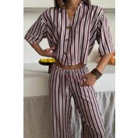 ÇİZGİLİ CROP GÖMLEK - SALAŞ PANTOLON TAKIM MODAL - Bordo