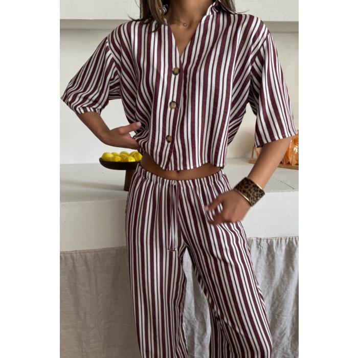 ÇİZGİLİ CROP GÖMLEK - SALAŞ PANTOLON TAKIM MODAL - Bordo