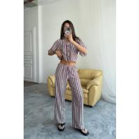ÇİZGİLİ CROP GÖMLEK - SALAŞ PANTOLON TAKIM MODAL - Bordo