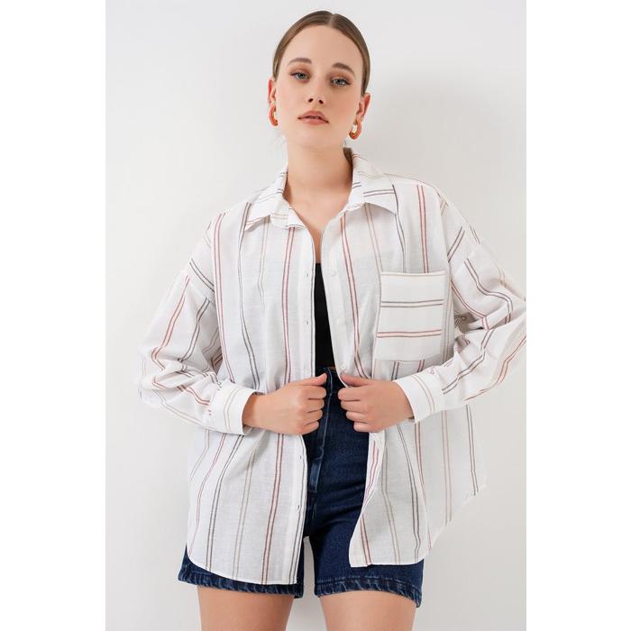 Çizgili Oversize Gömlek 20278 - B.Beyaz