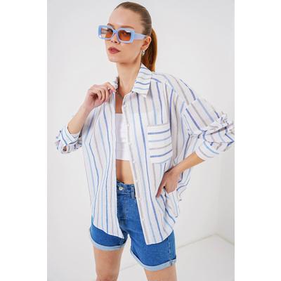 Çizgili Oversize Gömlek 20278 - Mavi