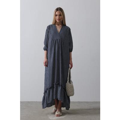 Çizgili Oversize V Yaka Elbise - Lacivert