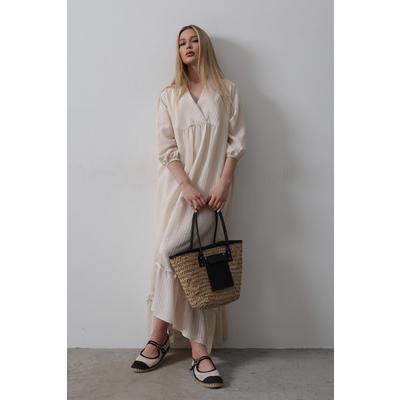 Çizgili Oversize V Yaka Elbise - Bej