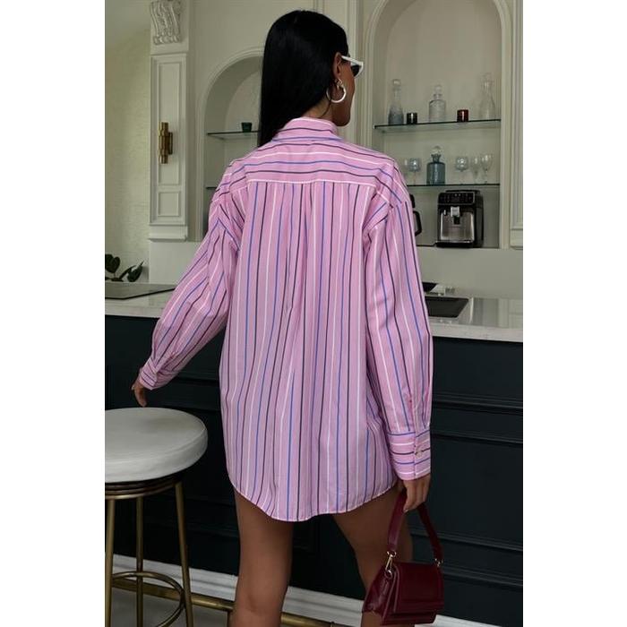 Çizgili Pembe Poplin Gömlek 3451