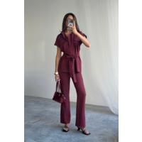 ÇİZGİLİ POLYVİSKON BLUZ - PANTOLON TAKIM - Bordo