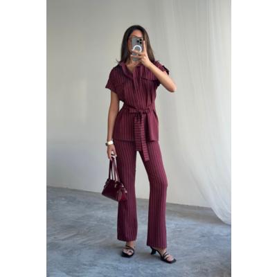ÇİZGİLİ POLYVİSKON BLUZ - PANTOLON TAKIM - Bordo