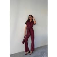 ÇİZGİLİ POLYVİSKON BLUZ - PANTOLON TAKIM - Bordo