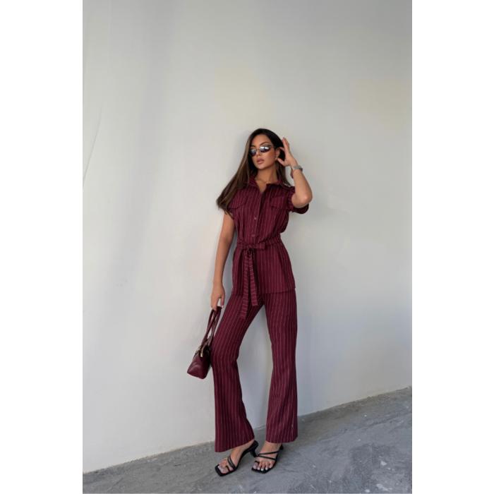 ÇİZGİLİ POLYVİSKON BLUZ - PANTOLON TAKIM - Bordo