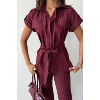 ÇİZGİLİ POLYVİSKON BLUZ - PANTOLON TAKIM - Bordo