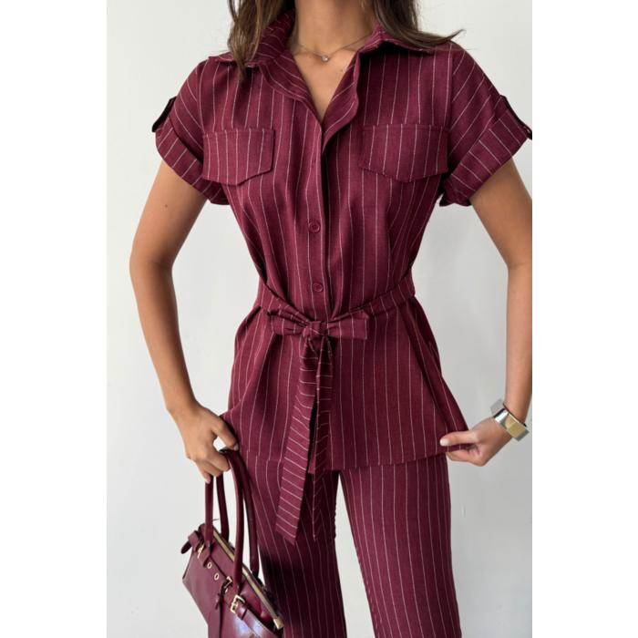ÇİZGİLİ POLYVİSKON BLUZ - PANTOLON TAKIM - Bordo