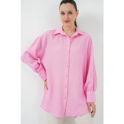 Çizgili Uzun Gömlek Tunik 5963 - Pembe