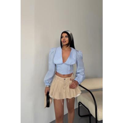 CROP POPLİN GÖMLEK YAKA KENAR DANTEL DETAYLI - Bebe Mavi