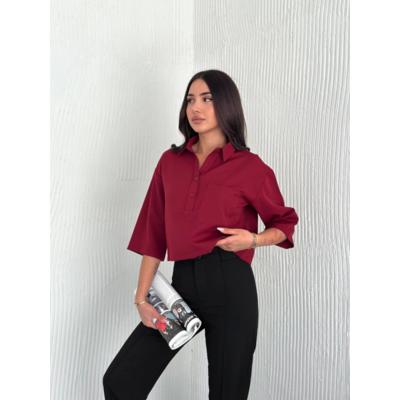 Crop Yakalı Gömlek Üç Çeyrek Sleeve Kol - Bordo