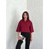Crop Yakalı Gömlek Üç Çeyrek Sleeve Kol - Bordo