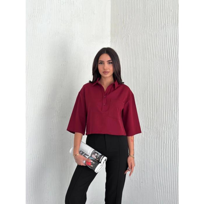 Crop Yakalı Gömlek Üç Çeyrek Sleeve Kol - Bordo