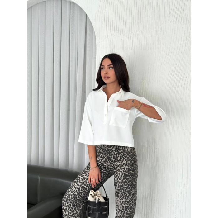Crop Yakalı Gömlek Üç Çeyrek Sleeve Kol - Beyaz