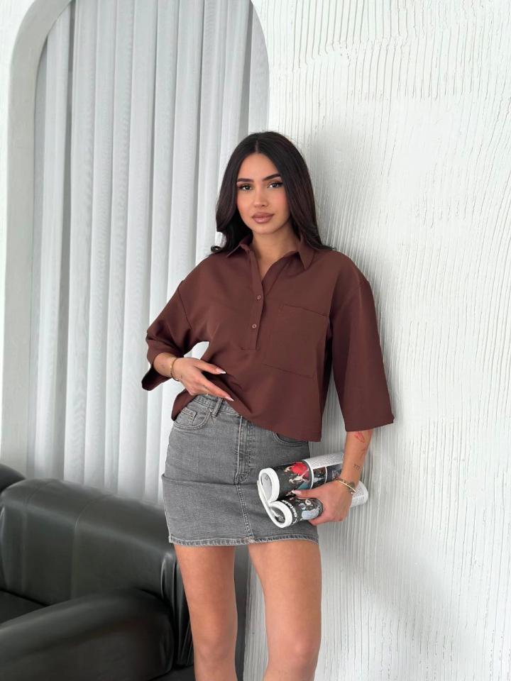 Crop Yakalı Gömlek Üç Çeyrek Sleeve Kol - Kahverengi