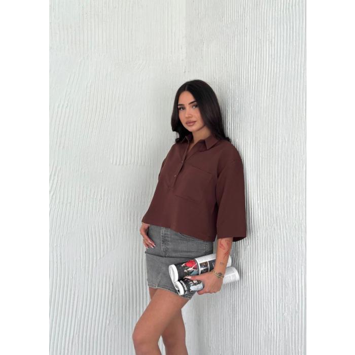 Crop Yakalı Gömlek Üç Çeyrek Sleeve Kol - Kahverengi