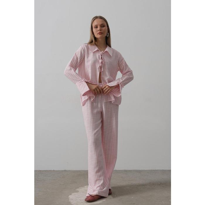 Çzgili Bağlamalı Pantolon Takım - Pembe