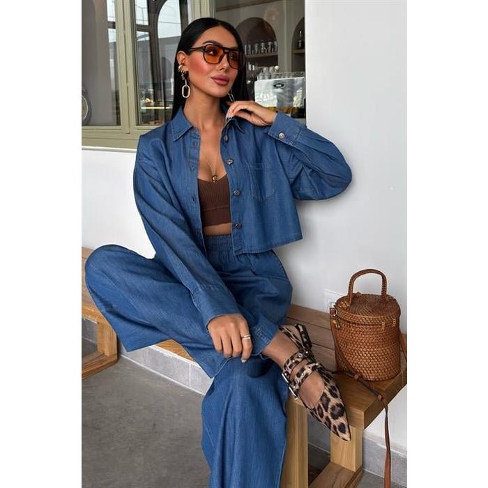 Denim Gömlek Plazzo Pantolon Takım 10163-08