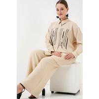 Desenli Tunik Pantolon İkili Takım 6720 - Krem