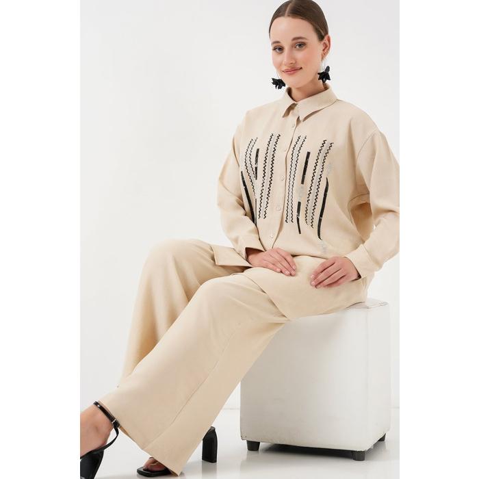 Desenli Tunik Pantolon İkili Takım 6720 - Krem