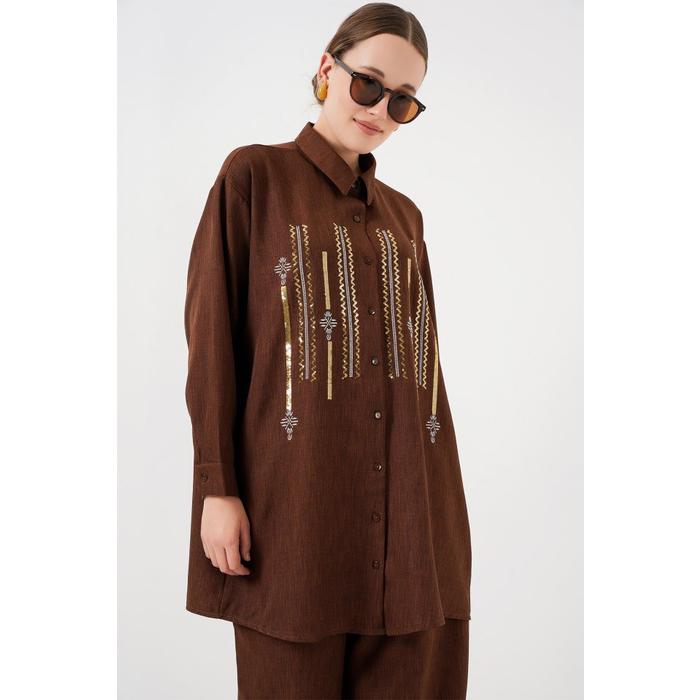 Desenli Tunik Pantolon İkili Takım 6720 - Kahverengi