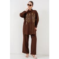 Desenli Tunik Pantolon İkili Takım 6720 - Kahverengi