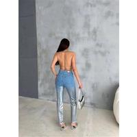 DİZ YIRTIK VARAKLI MOM KOT PANTOLON - Gümüş
