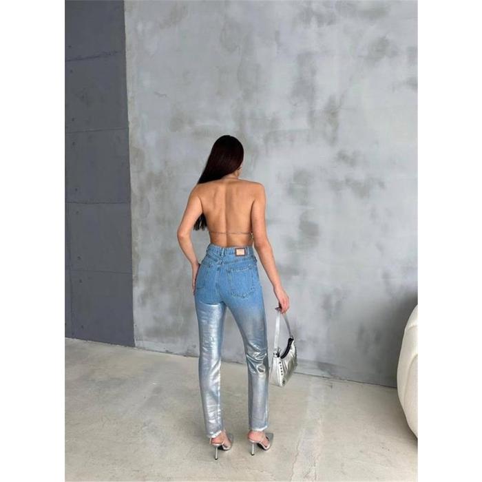 DİZ YIRTIK VARAKLI MOM KOT PANTOLON - Gümüş