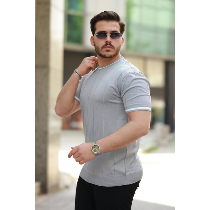 Erkek Bisiklet Yaka çizgi Desenli Ribanalı Kısa Kollu Tshirt