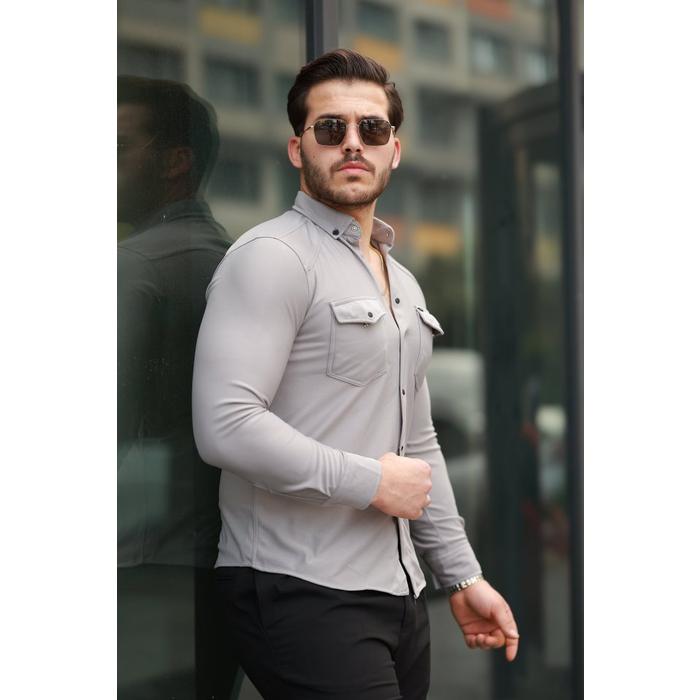 Erkek çift Cepli çıtçıt Düğmeli Uzun Kollu Gömlek