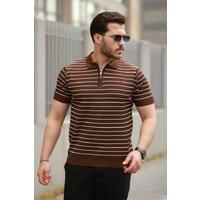 Erkek Fermuar Yakalı çizgili Kısa Kollu T-shirt