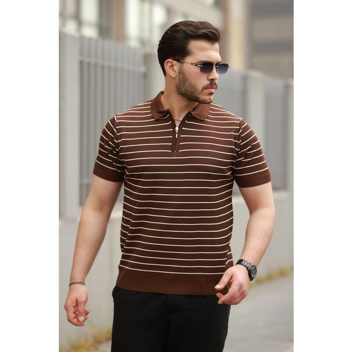 Erkek Fermuar Yakalı çizgili Kısa Kollu T-shirt